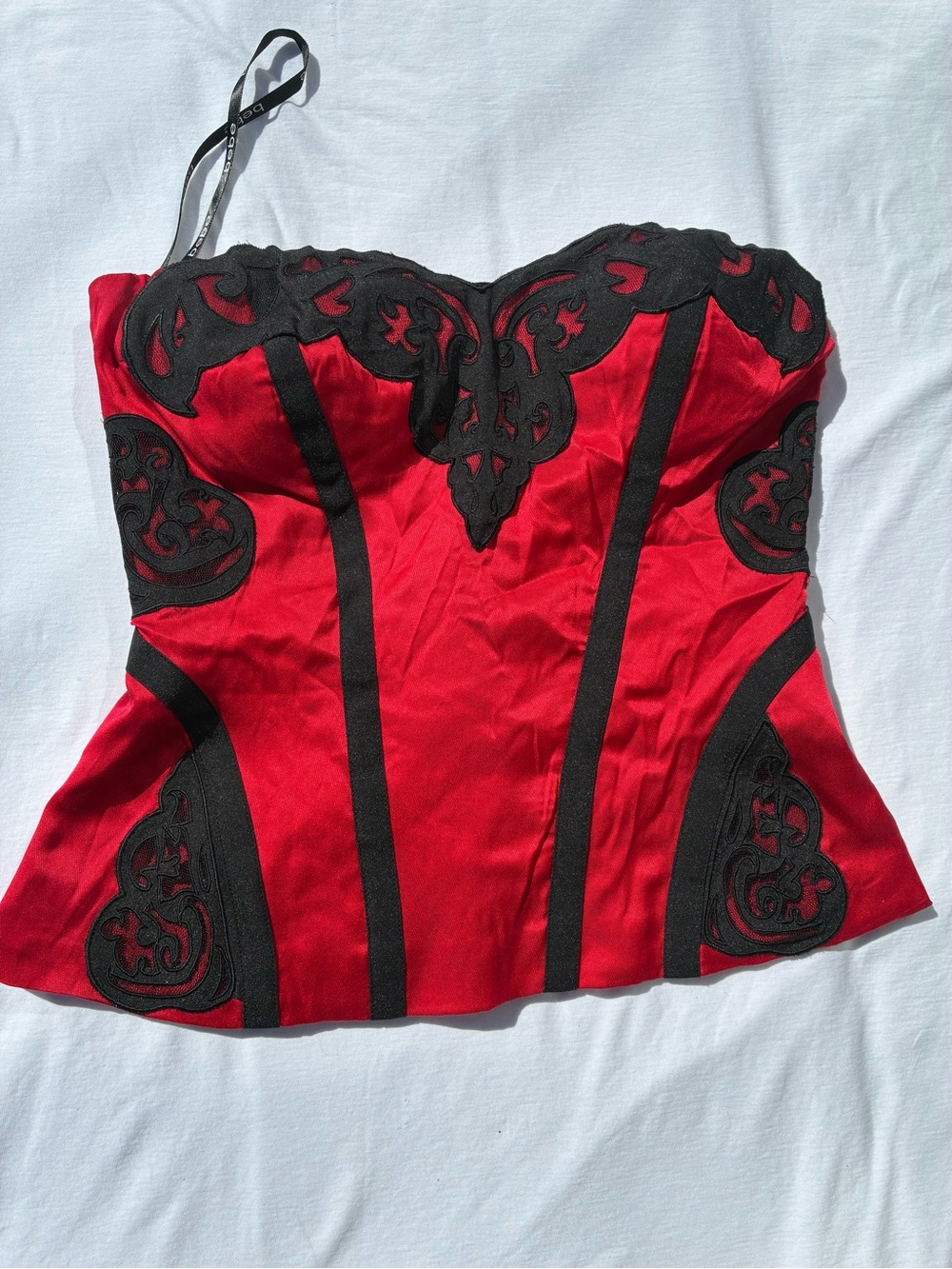 bebe Red Satin Bustier Top with Black Lace Appliqué